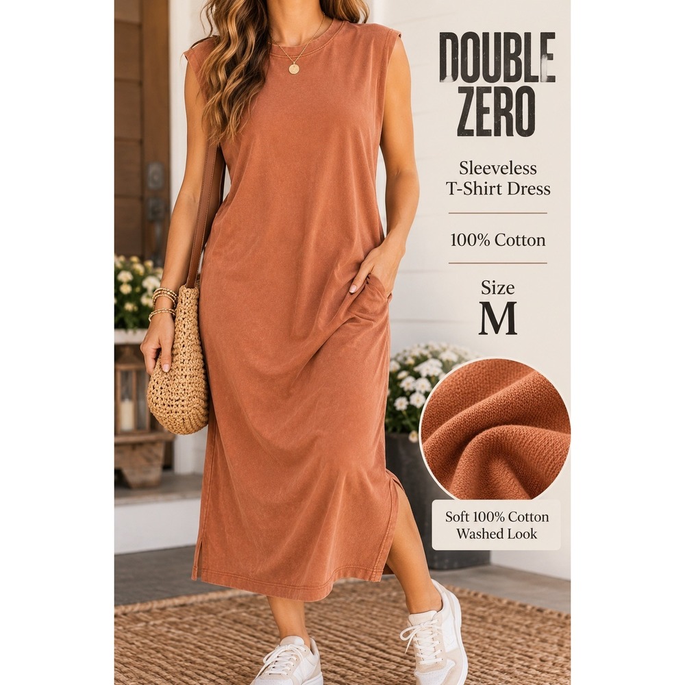 Double Zero Sleeveless T-Shirt Dress Terracotta Orange Cotton Midi Pockets M